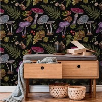 Mushroom wallpaper whimsical dark botanical wall covering