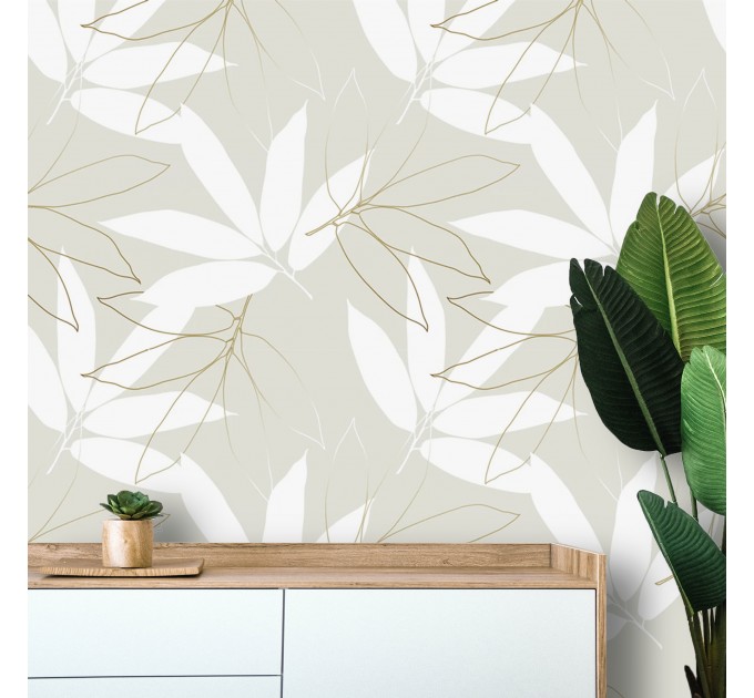 Neutral wallpaper large leaves, minimalist botanical design
