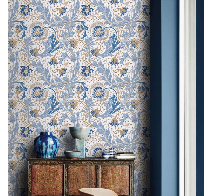 Wallpaper vintage floral ornament blue white flowers