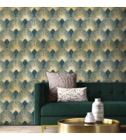 Art deco wallpaper fans teal gold non metallic design Art deco wallpaper fans teal gold non metallic design