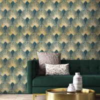 Art deco wallpaper fans teal gold non metallic design