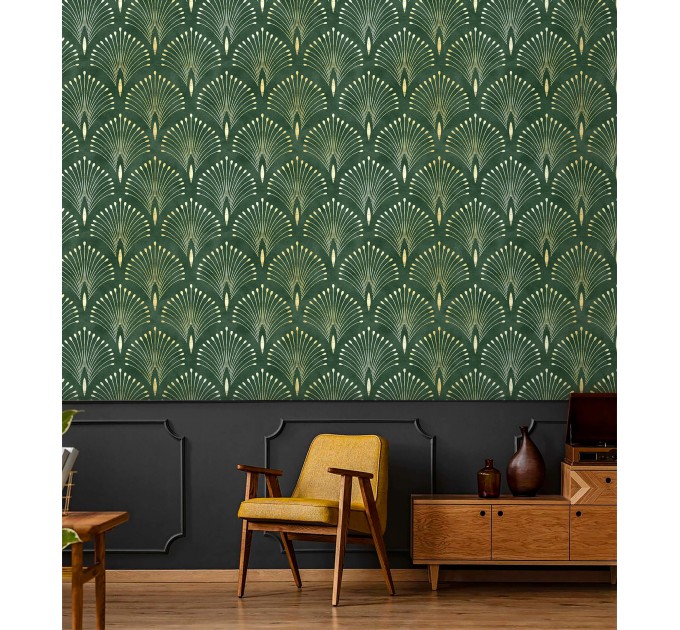Art deco wallpaper fans green gold non metallic