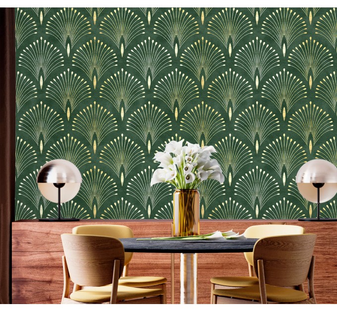 Art deco wallpaper fans green gold non metallic
