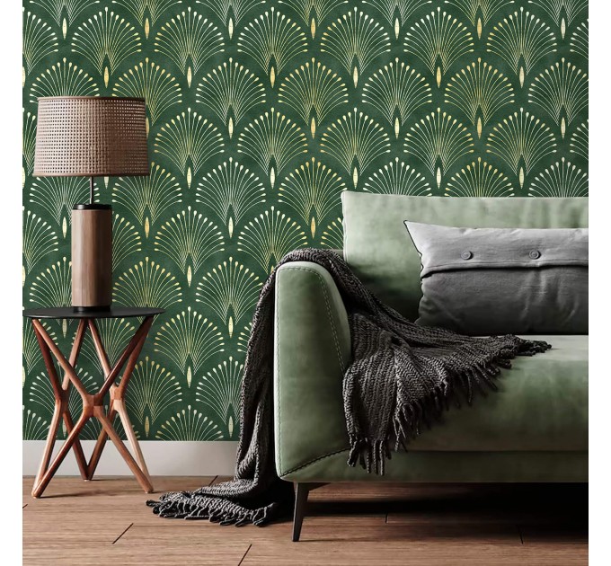 Art deco wallpaper fans green gold non metallic