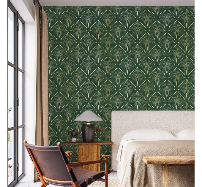 Art deco wallpaper fans green gold non metallic