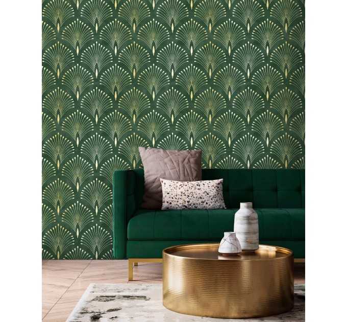 Art deco wallpaper fans green gold non metallic