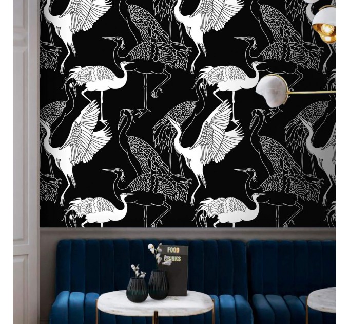 Black wallpaper cranes, Japanese style acent wall