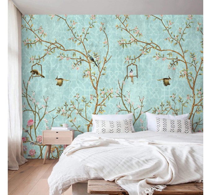 Chinoiserie wallpaper with birds Vintage floral wall mural