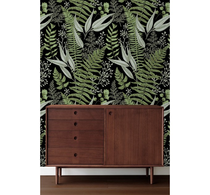 Dark botanical wallpaper herbs, Fern leaves wall covering