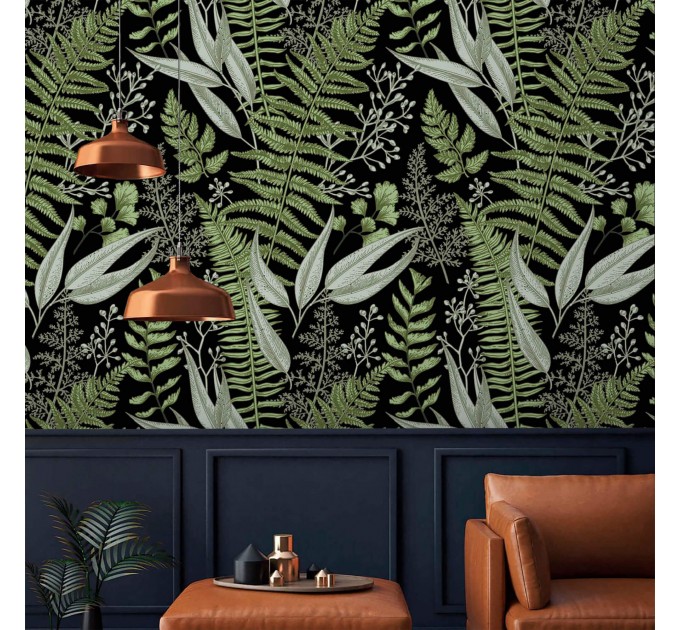 Dark botanical wallpaper herbs, Fern leaves wall covering