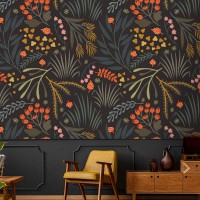 Dark botanical wallpaper leaves and herbs design