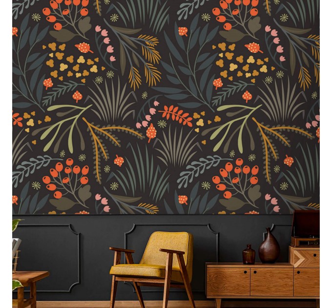 Dark botanical wallpaper leaves and herbs design