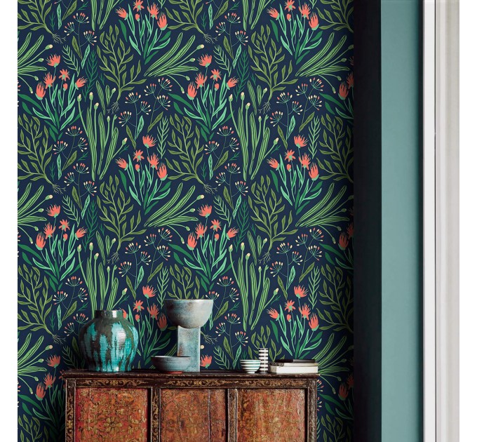 Dark floral wallpaper, accent wall wildflowers