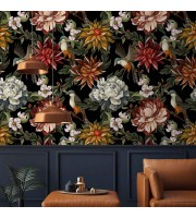 Dark floral wallpaper with birds accent wall covering