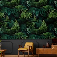 Dark green wallpaper lush fern leaves