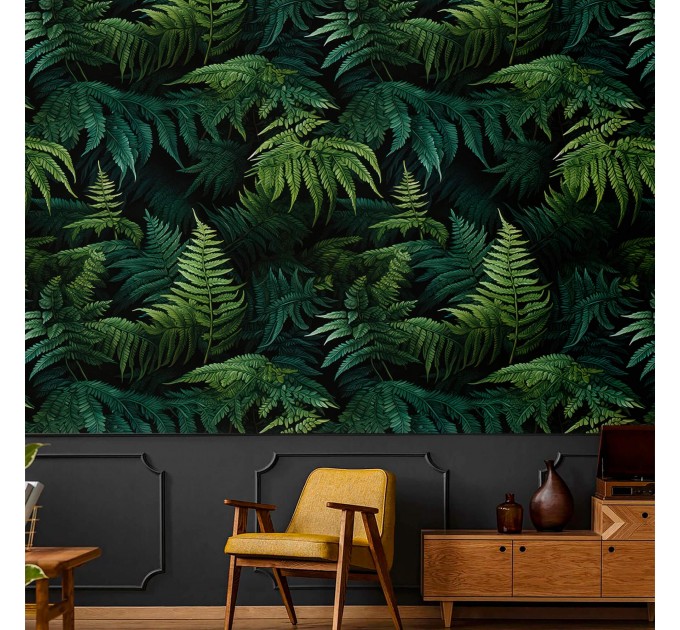Dark green wallpaper lush fern leaves