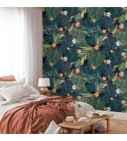 Dark green tropical wallpaper, exotic flowers and leaves Dark green tropical wallpaper, exotic flowers and leaves