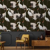 Dark wallpaper with cranes Japanese style wall covering
