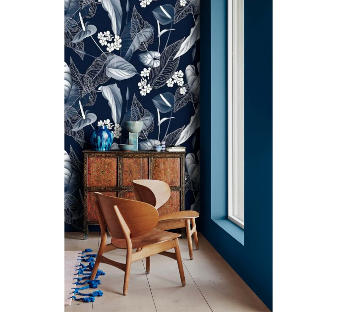 Floral wallpaper, dark blue and white flowers