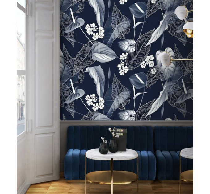 Floral wallpaper, dark blue and white flowers