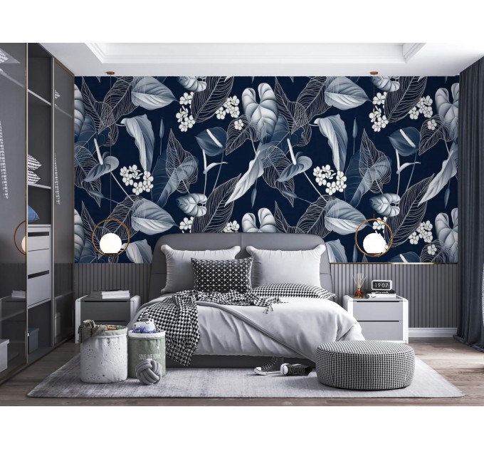 Floral wallpaper, dark blue and white flowers