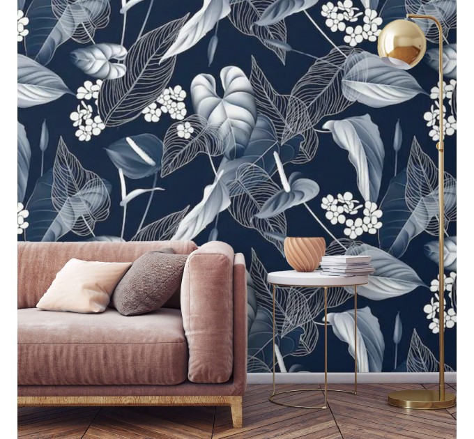 Floral wallpaper, dark blue and white flowers