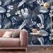 Floral wallpaper, dark blue and white flowers
