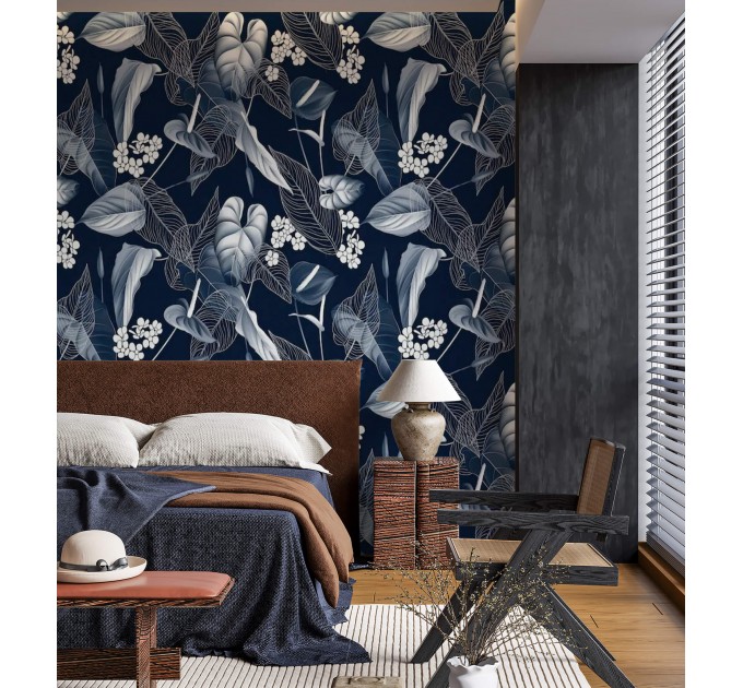 Floral wallpaper, dark blue and white flowers