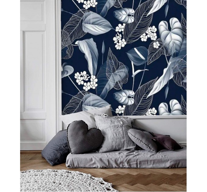 Floral wallpaper, dark blue and white flowers