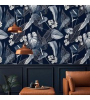 Floral wallpaper, dark blue and white flowers