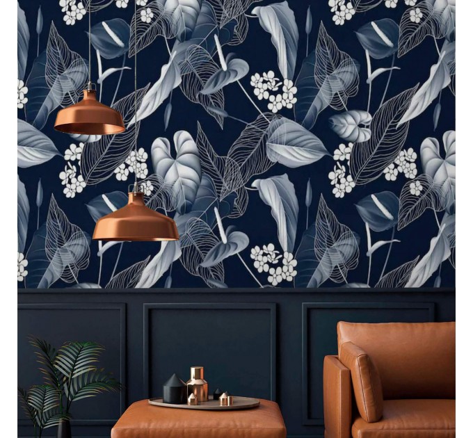 Floral wallpaper, dark blue and white flowers