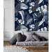 Floral wallpaper, dark blue and white flowers