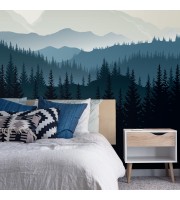 Foggy forest wall mural dark blue mountains