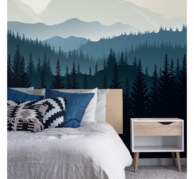 Foggy forest wall mural dark blue mountains