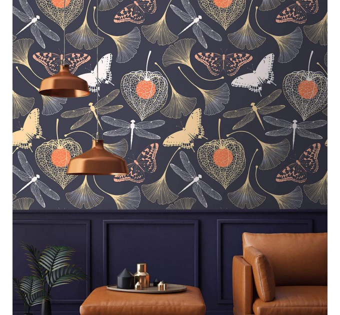 Dark botanical wallpaper Mystery garden with butterflies