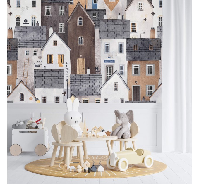 Kids wallpaper houses, baby room decor