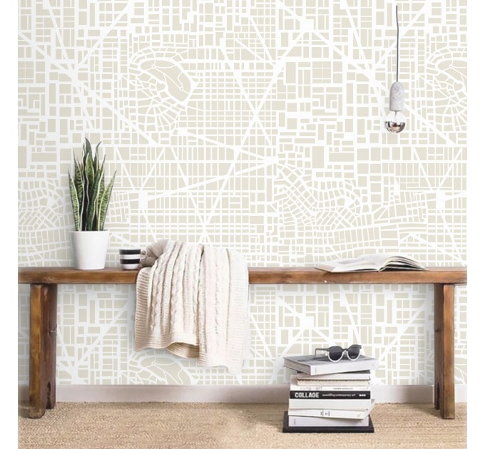 Neutral wallpaper Urban city map accent wall