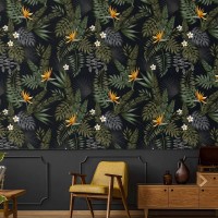 Tropical wallpaper leaves and flowers on dark