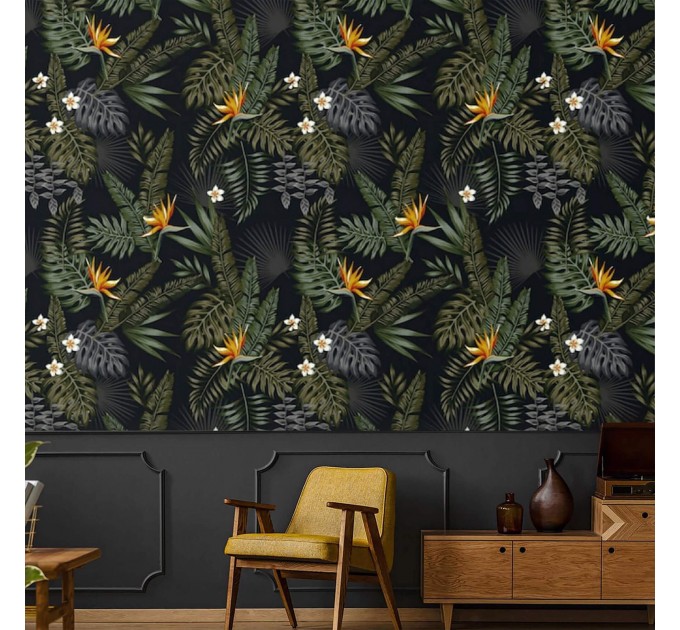 Tropical wallpaper leaves and flowers on dark