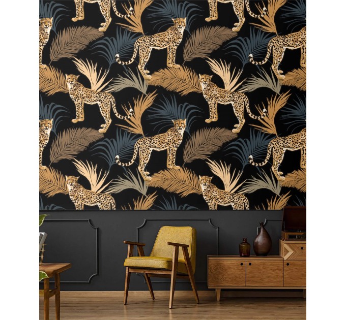 Tropical wild animals wallpaper with jaguars and palm leaves
