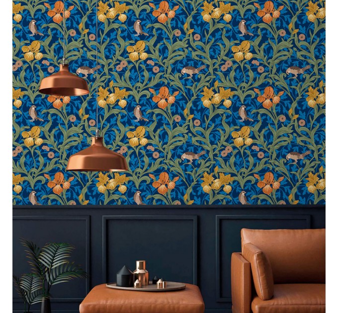 Vintage floral wallpaper, blue botanical pattern