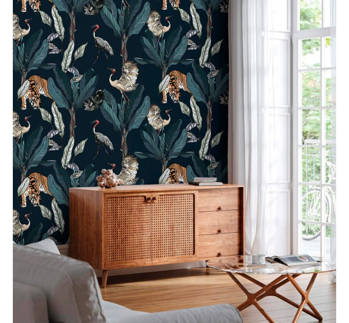 Wallpaper tigers and birds in dark jungle