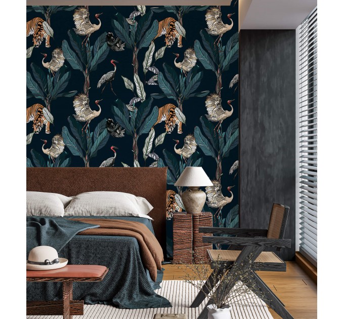 Wallpaper tigers and birds in dark jungle