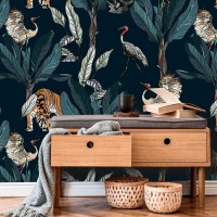 Wallpaper tigers and birds in dark jungle