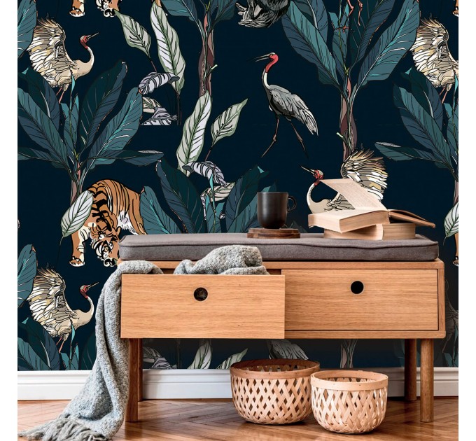 Wallpaper tigers and birds in dark jungle