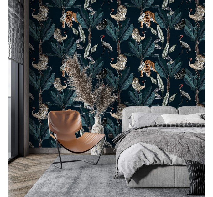 Wallpaper tigers and birds in dark jungle