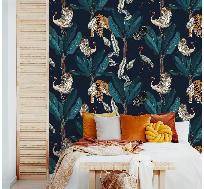 Wallpaper tigers and birds in dark jungle