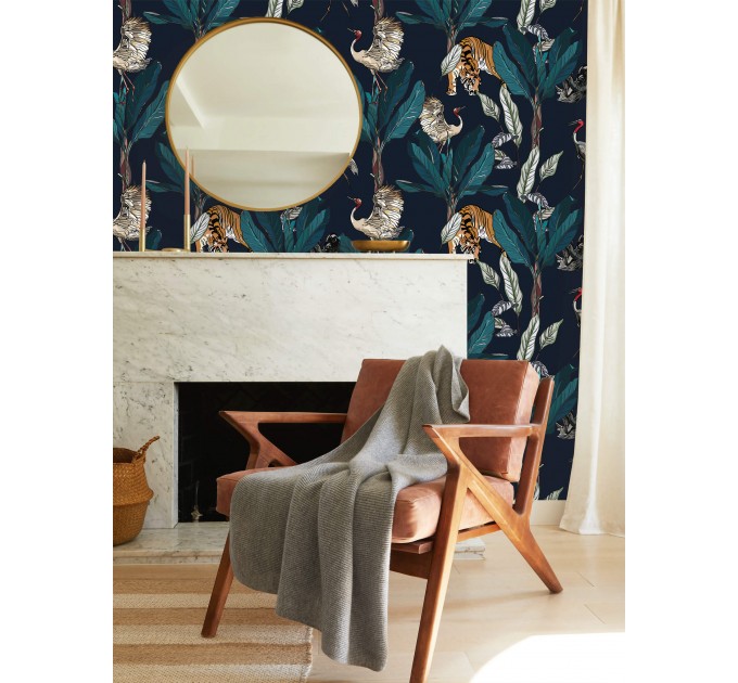 Wallpaper tigers and birds in dark jungle