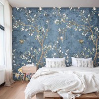 Chinoiserie wallpaper with birds, blooming tree wall mural