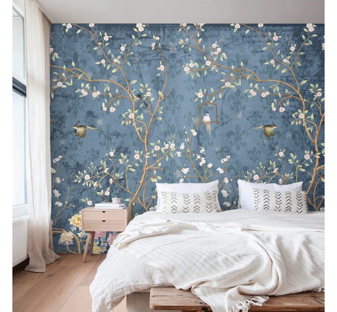 Chinoiserie wallpaper with birds, blooming tree wall mural